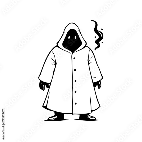 Enigmatic shrouded figure with minimalistic black and white design creates an intriguing ambiance