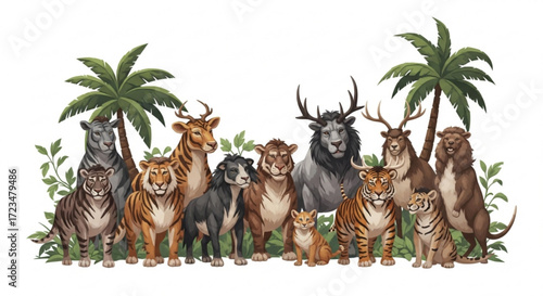 A diverse group of animals gathered in a lush jungle setting with palm trees, creating a harmonious and whimsical scene