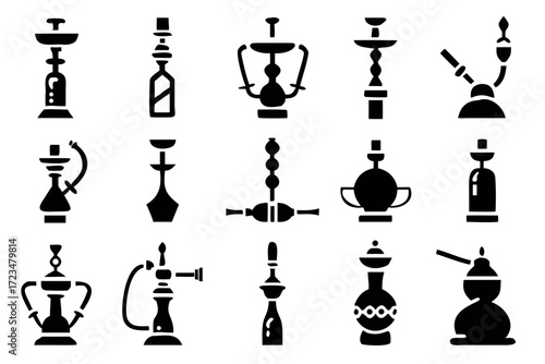 Collection of black hookah silhouette illustrations set of shisha icons for smoking and relaxation