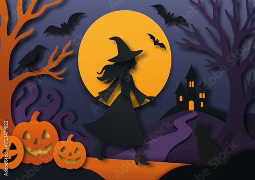 Paper-cut style illustration: a witch walks toward a moonlit castle under a glowing full moon, among dark trees, pumpkins, and a black cat, with crows and bats in the night sky. Horizontal composition