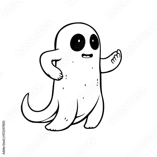 Friendly ghost illustration in simple black and white line art for halloween celebrations or kids