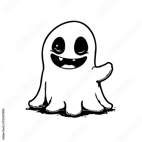 Friendly halloween ghost illustration with cartoonish features offering a cheerful greeting in