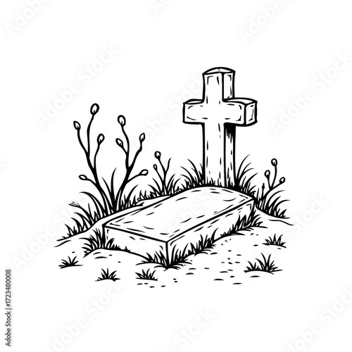 Grave site artwork featuring a tombstone cross grass and plants symbolizing remembrance and loss