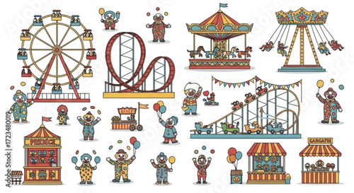 Amusement park rides and clowns vector illustration for carnival fair circus funfair and entertainment design