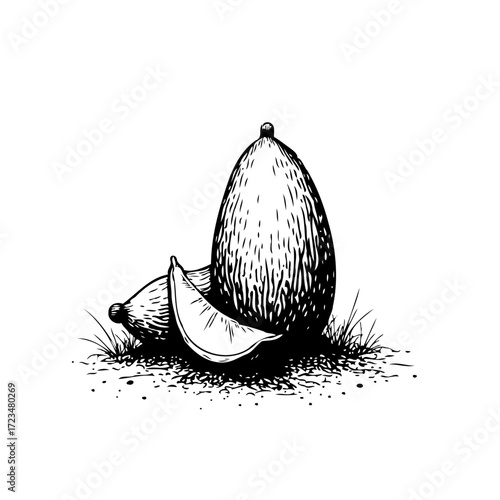 Hand drawn illustration of whole and sliced lemons sitting on a grassy surface evoking organic