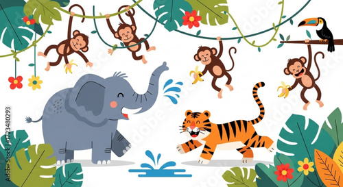 Jungle animals cartoon illustration, features monkeys, elephant, tiger, and toucan in a playful tropical setting