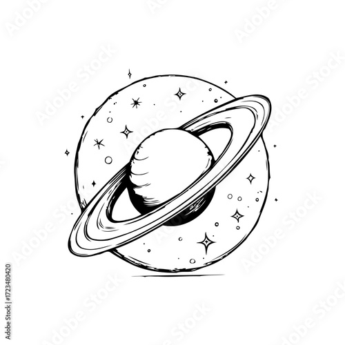 Hand drawn saturn illustration with rings and star, whimsical cosmos artwork, space exploration