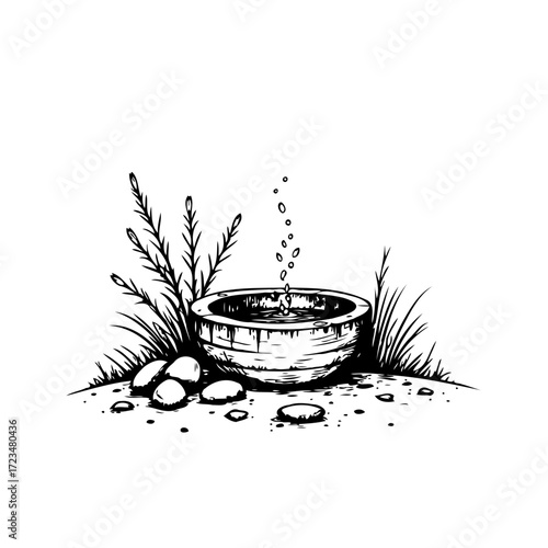 Hand drawn simplistic wellspring scene, stones, water, grass, a tranquil moment isolated on white