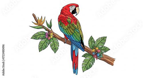 A vibrant macaw perched on a branch, showcasing its colorful plumage against an, surrounded by tropical foliage and flowers