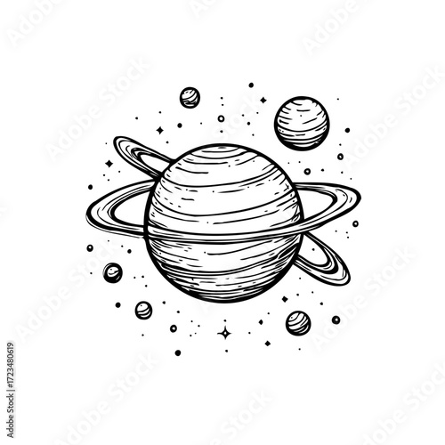 Hand-drawn planet illustration with rings and twinkling stars for creating a cosmic space scene in