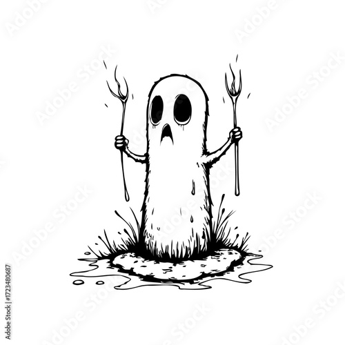 Haunted spirit sorrowfully emerging from a ghostly puddle while holding smoking pitchforks with