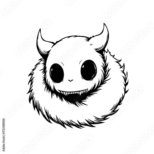 Illustration of a fluffy horned creature with big eyes and a toothy grin in black and white