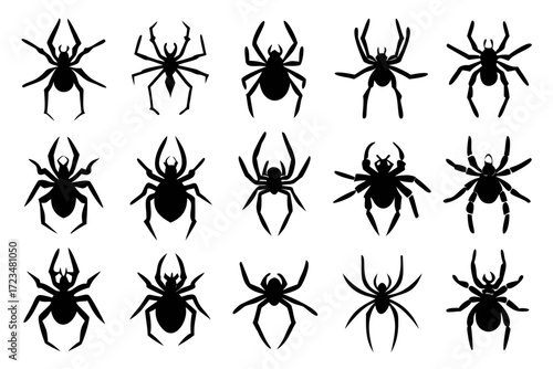 Collection of spider silhouettes, showcasing various species and poses, perfect for halloween or arachnidthemed designs