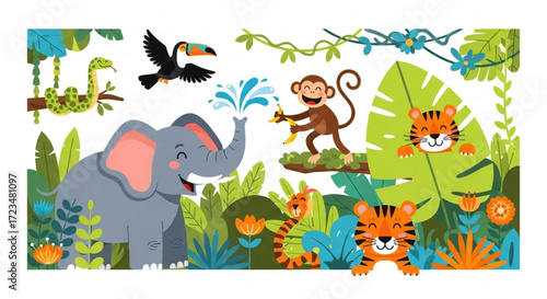 Cheerful jungle scene with playful animals, including an elephant, monkey, tigers, toucan, and snake, amidst lush greenery and vibrant flowers