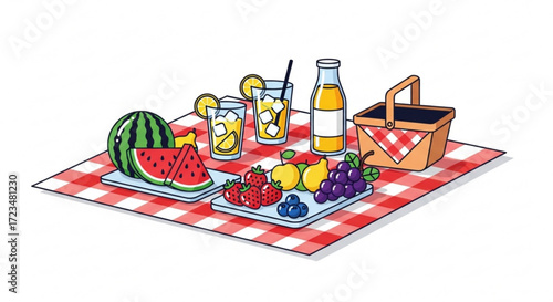 A delightful picnic scene featuring refreshing lemonade, juicy watermelon, and a variety of fresh fruits on a checkered blanket
