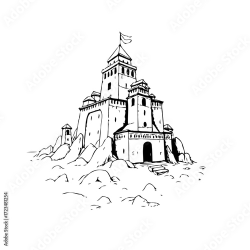 Illustrative castle perched atop rocky foundation evokes medieval grandeur and timeless strength