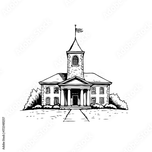 Illustration showcasing a stately building with classical architecture and a flag waving atop a