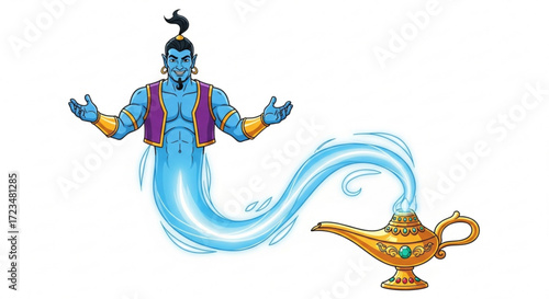 A genie emerges from a golden lamp, ready to grant wishes with a magical touch perfect for fantasy themes