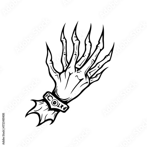 Illustrative depiction of a stylized claw hand featuring elongated fingers and ornamental wrist