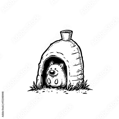 Illustrative drawing portraying a whimsical wombat snuggled securely inside its distinctive