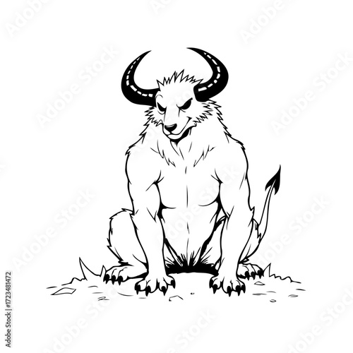 Illustrative design featuring a mythical hybrid creature, with prominent horns and fierce