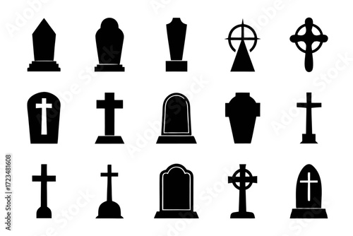 Collection of gravestone icons featuring various shapes and cross designs, symbolizing remembrance and mourning in a simple style
