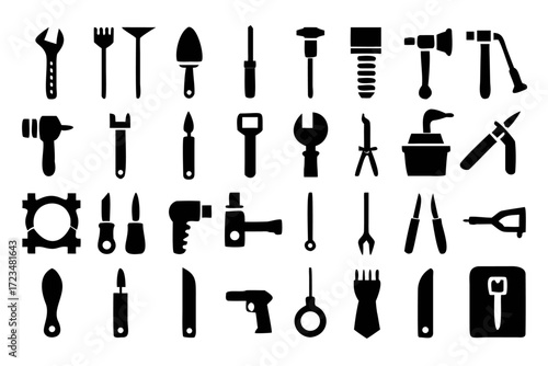 A collection of various black silhouette tools, including wrenches, screwdrivers, hammers, pliers, and other instruments