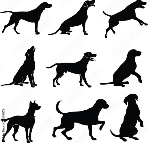 Vector art of collection of dog silhouettes vector art showcasing various dog breeds in different actions, such as barking, walking, and sitting ideal for pet lovers and graphic designers