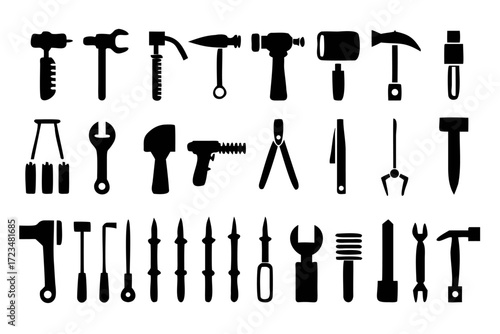Silhouette illustration of various hand tools, including hammers, wrenches, pliers, screwdrivers, and other instruments