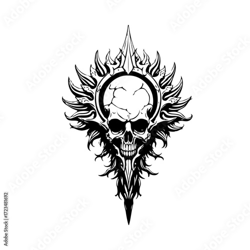 Illustrative skull emblem radiating esoteric energy evoking themes of mortality transformation