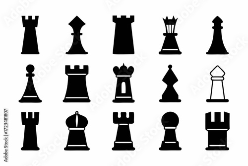 Collection of various rook chess pieces black silhouette illustration of chess pieces and castle towers
