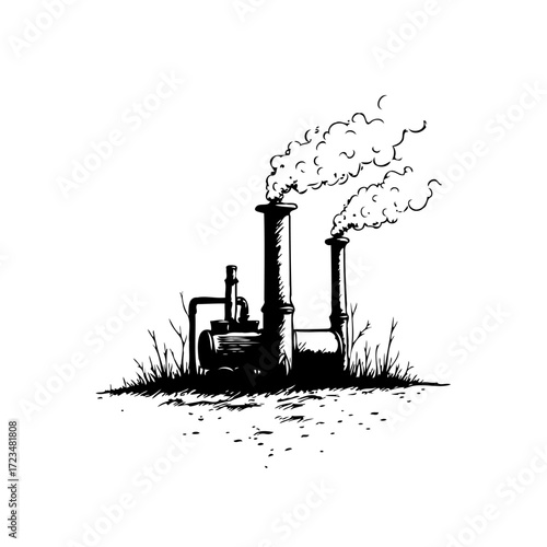 Industrial landscape sketch portraying emissions with detailed shading and artistic rendering
