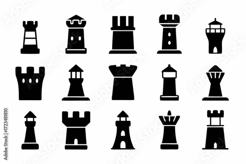 Collection of various castle towers and rook chess pieces black silhouette illustration of architecture