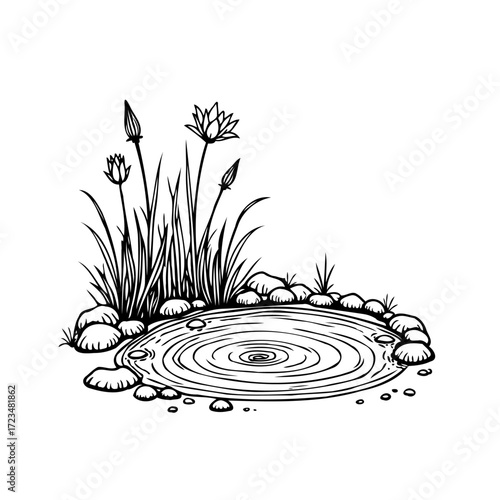 Ink drawing of a serene pond scene with water lilies and surrounding rocks adding artistic touch