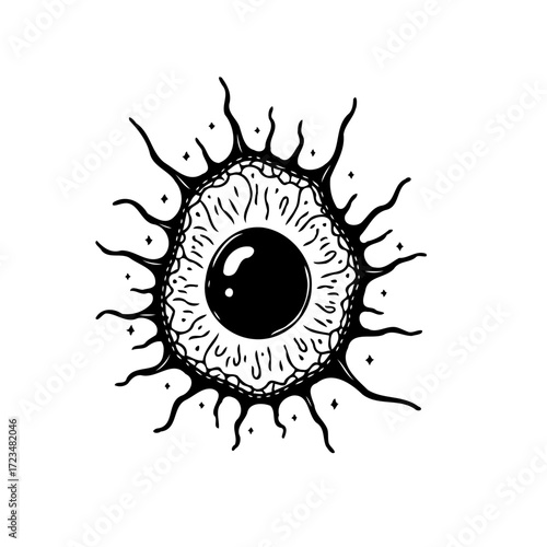 Intricate black and white eye with radiant spiky lines design representing cosmic observation and