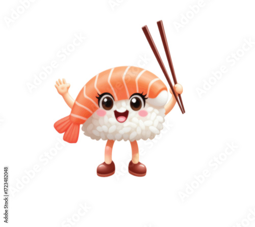 Kawaii sushi character cheerfully waving chopsticks, perfect for adorable food illustrations and charming Japanese cuisine advertisements with a fun, playful vibe