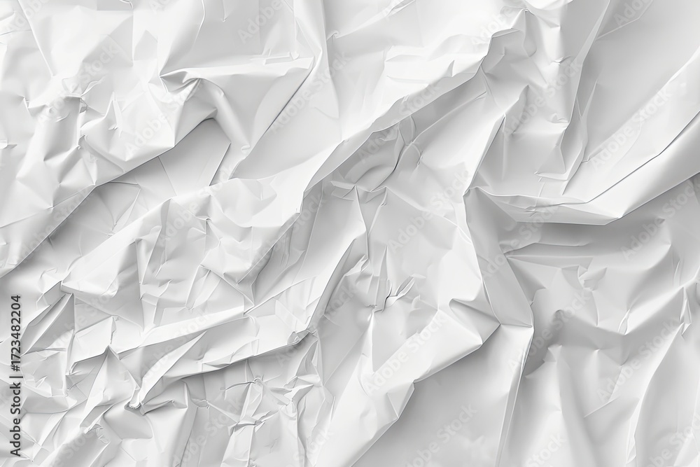 Obraz premium Close-up of a crumpled, white surface exhibiting a textured, wrinkled pattern with varying depths of folds and creases, creating a dynamic interplay of light and shadow