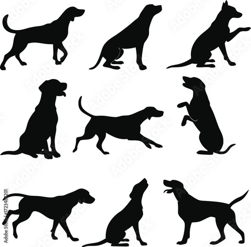 Vector art of diverse dog silhouette collection vector image featuring dogs in various poses, including standing, running, and looking up perfect for use in petthemed projects and designs