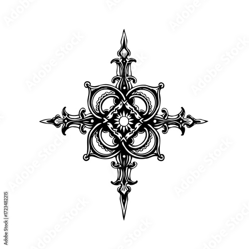 Intricate floral filigree design radiates outwards in symmetrical fashion a captivating black and