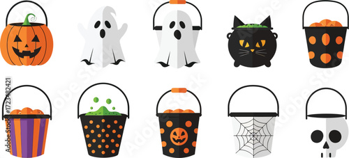 Vector collection of Halloween trick-or-treat candy buckets and spooky icons. pumpkin, ghost, skull, spiderweb, black cat cauldron designs for festive holiday celebrations on a white background