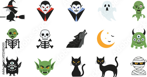 Collection of flat vector Halloween icons featuring spooky characters. This set includes a witch, vampire, ghost, zombie, and monster, ideal for holiday graphic design projects zzzzzdjy
