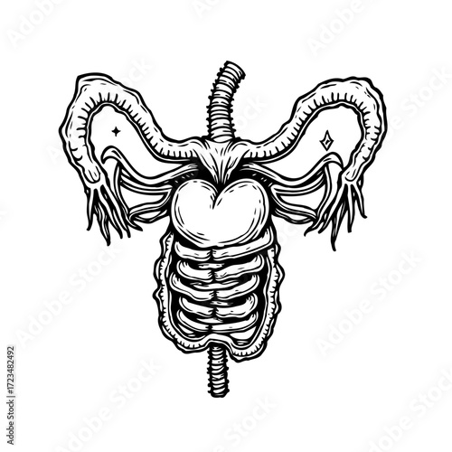Intricate hand drawn style illustration featuring the internal human anatomy rendered in black and