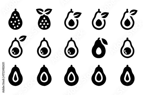 Fifteen avocado icons in various styles a versatile set for designs related to food, health, and nature, offering diverse options