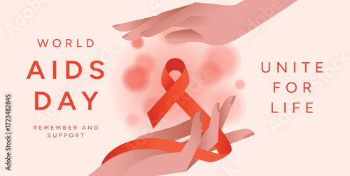 World AIDS Day background with Hands and Red Ribbon symbol, Unite for Life text. December 1 awareness campaign. HIV AIDS prevention and support. Vector illustration for poster, banner