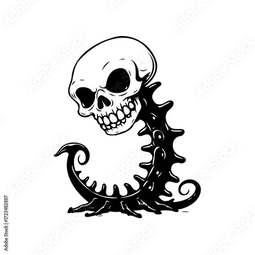 Intricate skull and spine artwork embodying morbidity and the fragility of existence with detailed