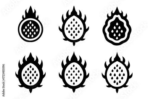 Dragon fruit icon set perfect for adding a touch of exotic flair to your designs with these unique and vibrant icons