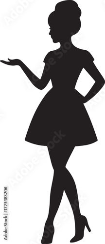 Elegant silhouette of a woman in a dress presenting something.