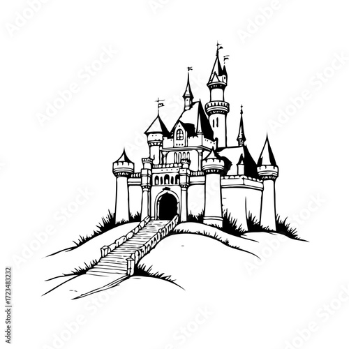 Majestic fantasy castle on a hill, detailed black and white illustration, storybook realm with