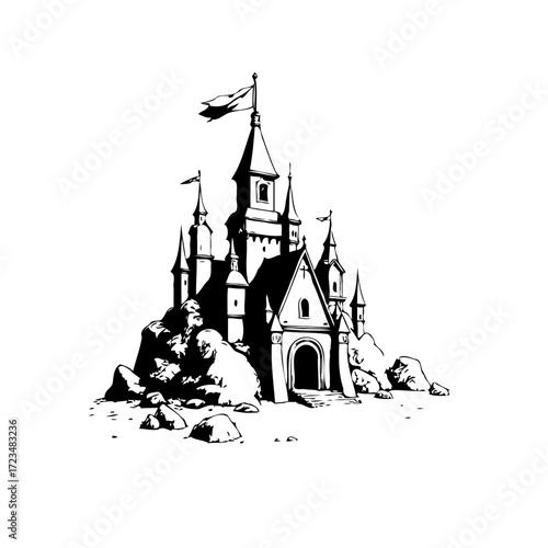 Majestic monochrome fortress silhouette an enchanting digital illustration of a hilltop castle