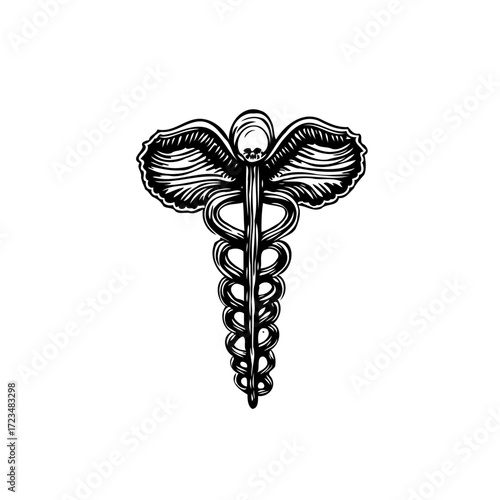Medical symbol caduceus engraving health profession ancient medicine winged staff entwined snakes
